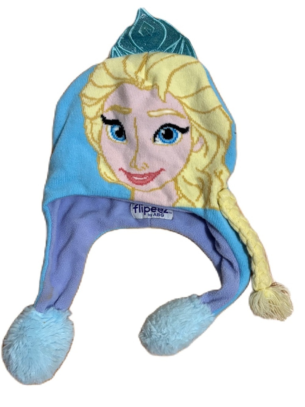 Disney Flipeez Elsa Blue Yellow Knit Earflap Hat with Braid Kids